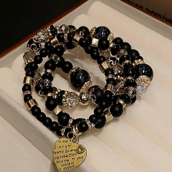 Loyallook Jewelry - Stack Beaded Bracelets - Set of 4 Black, Clear, and Gold Beaded Stack Bracelet